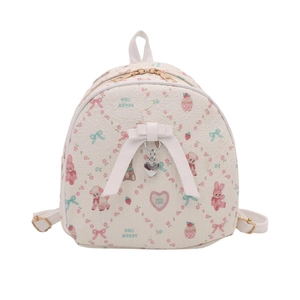 Cute cream-colored backpack with pastel cartoon patterns and a large white bow