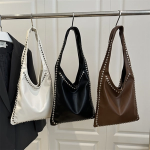 Women Shoulder Bag PU Leather Silver Studded Vintage Motorcycle Style Large Capacity Trendy Hobo Tote