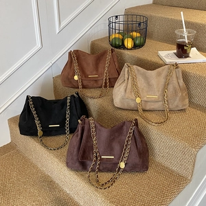 Vintage Suede Shoulder Bag With Chain Strap Large Capacity Flip Cover Crossbody Tote For Women Commuter Fashion