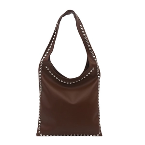 Retro dark brown leather tote bag with silver metal studs and minimalist design