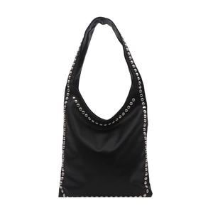 Minimalist black oil wax leather hobo bag with silver metal rivets for women