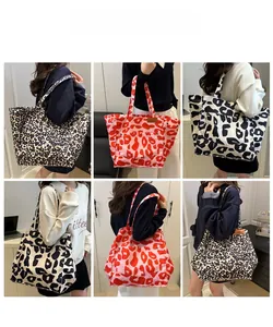 Collage of model wearing various leopard print canvas tote bags in different colors