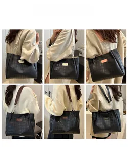 Detailed multi-angle views of quilted tote bag with chain strap and metal nameplate