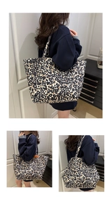 Detail of the leopard print pattern and durable canvas texture on this large tote bag