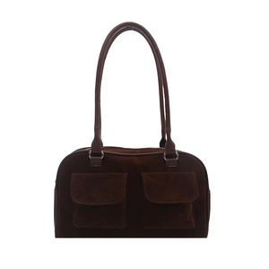 Retro dark brown suede boston handbag with dual front flap pockets and long handles
