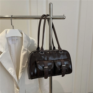 Deep coffee glossy patent leather shoulder bag with double pockets and retro silhouette