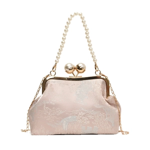 Rosa bestickte Jacquard-Muschel-Tasche mit Perlengriff und Kranichmuster für Qipao