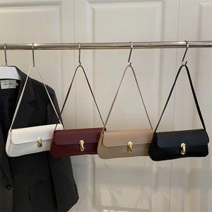 Women Minimalist Underarm Baguette Bag PU Leather Lychee Texture Golden Metal Lock Flap Shoulder Handbag Elegant Street