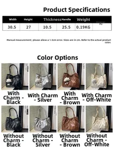 Size specifications and multi-color options for pleated PU tote bag showing dimensions