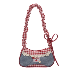 Plaid and denim canvas tote bag with bow detail and ruffled shoulder strap