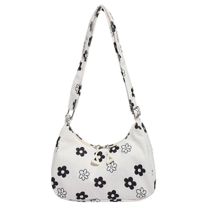 Sac hobo en velours côtelé blanc avec imprimé marguerite et design demi-lune
