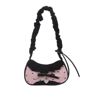 Pink and black sweet-cool style underarm bag with bow embroidery and ruffled details