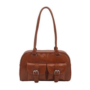 Retro caramel faux leather multi-pocket underarm bag with silver buckles and long handles
