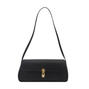 Minimalist black lychee leather underarm bag with elegant gold round metal buckle