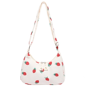 Corduroy strawberry print shoulder bag for women with adjustable strap and zipper