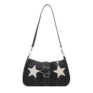 Black pebbled leather star shoulder bag with silver star buckle and Y2K aesthetic