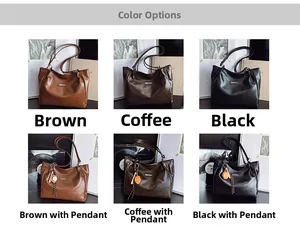 Detailed grid view of leather tote bags in brown, coffee, and black with leaf charms