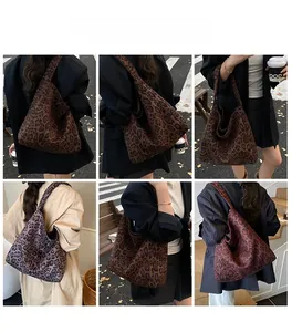 Collage of leopard print tote bag showing various street style angles and large capacity