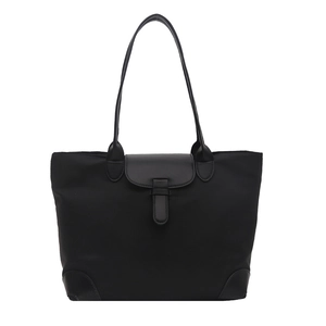 Large black nylon tote bag with leather trim for women, minimalist commute shoulder bag