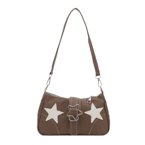 Retro brown leather underarm bag with white star patches and silver buckle detail