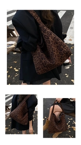 Detailed views of leopard print canvas tote bag on model in autumn outdoor setting