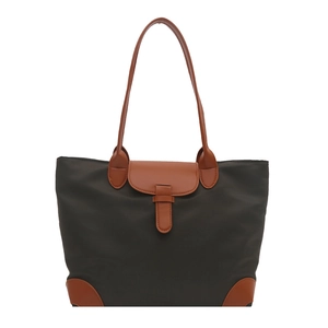 Large dark olive nylon tote bag with caramel brown leather straps and reinforced corners