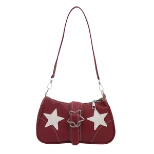 Retro burgundy underarm bag with white stars and contrast stitching on premium leather