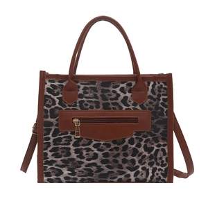 Retro leopard print tote bag with brown leather trim and dual handles for women