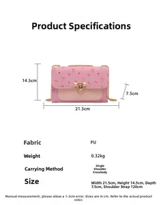 Pink PU leather shoulder bag featuring bow patterns, gold hardware, and detailed dimensions