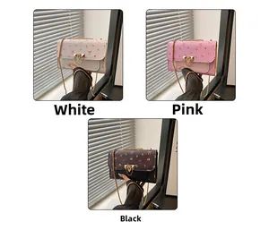 Detailed comparison of mini chain bags in white, pink, and black with floral bow prints