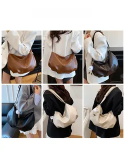 Collage of four stylish PU leather crescent tote bags in brown, coffee, black, and beige