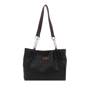 Black large capacity tote bag with diamond quilted pattern and brown handles on white background
