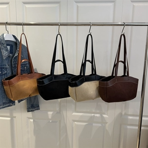 Large Capacity Tote Bag Suede PU Leather Patchwork Contrast Stitching Shoulder Handbag For Women Casual Versatile