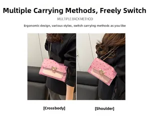 Pink PU crossbody bag with bow patterns showing shoulder and crossbody styling