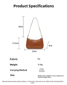 Tabla detallada de tallas del bolso de hombro de PU marrón con lazo metálico decorativo