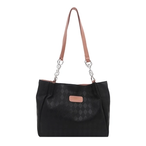 Quilted black tote bag with pink handles and silver chain detail for casual wear