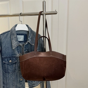 Brown large capacity suede tote bag with contrast stitching and dual handle straps