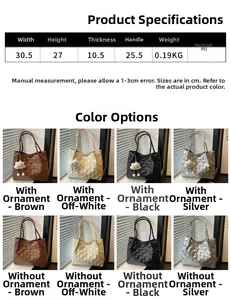 Quilted tote bag detail showing braided handles, PU leather texture, and size specifications