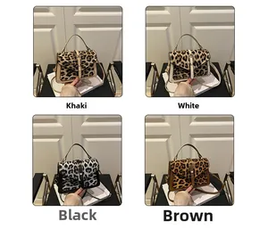 Detail view of four color options of leopard print flap shoulder bags with metal buckles