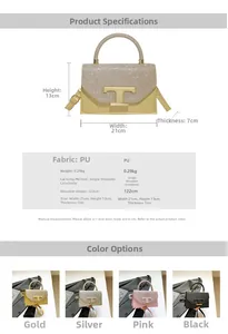 Detailed chart showing handbag dimensions, metal T-clasp, and available glitter colors