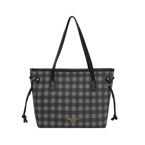 Classic black and gray plaid tote bag with leather straps and drawstring details