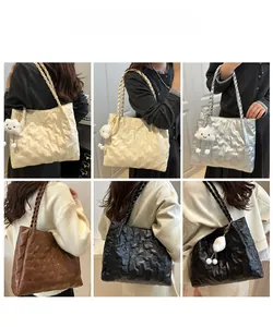 Quilted tote bags in black, silver, beige and coffee colors shown with model outfits