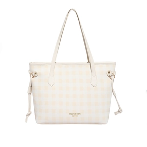 Minimalist beige gingham tote bag with long shoulder straps and drawstring details