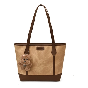 Retro khaki canvas tote bag with brown leather trim and cute bear charm for women