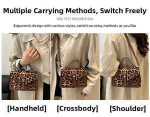 Detailed views of the leopard print handbag showing handheld, shoulder and crossbody styles