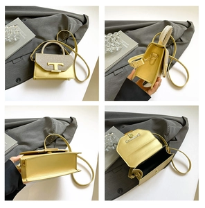 Detailed four-way view of a gold glitter tote bag with a metallic T-buckle closure