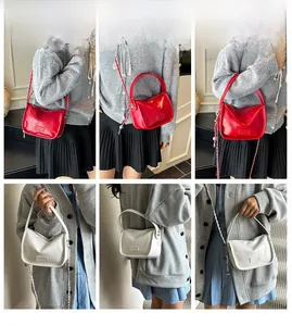 Collage of chic chain crossbody bag in red and beige showing various carrying styles