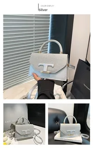 Detailed views of a silver crossbody bag featuring a glittery flap and metal T-shaped buckle
