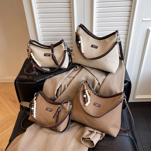 Vintage Women Canvas Spliced Leather Hobo Bag Retro Semicircle Dumpling Shoulder Bag With Beaded Pendant Crossbody Purse