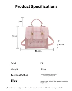 Detailed specs of pink plaid crossbody bag with dimensions 18.5x17x9.5cm and multi-use straps